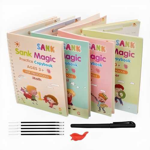Sank Magic Handwriting Practice Copybook Set (4 Books, 1 Pen, Grip, and 10 Refills)