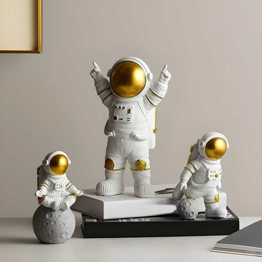 Golden Astronaut Figurine Set (Desktop Décor for Home or Office - Set of 3)