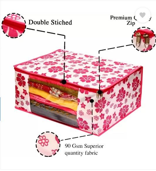 Polka Pink Floral Design Non-Woven Fabric Saree Covers (Pack of 3 for Travel and Storage)