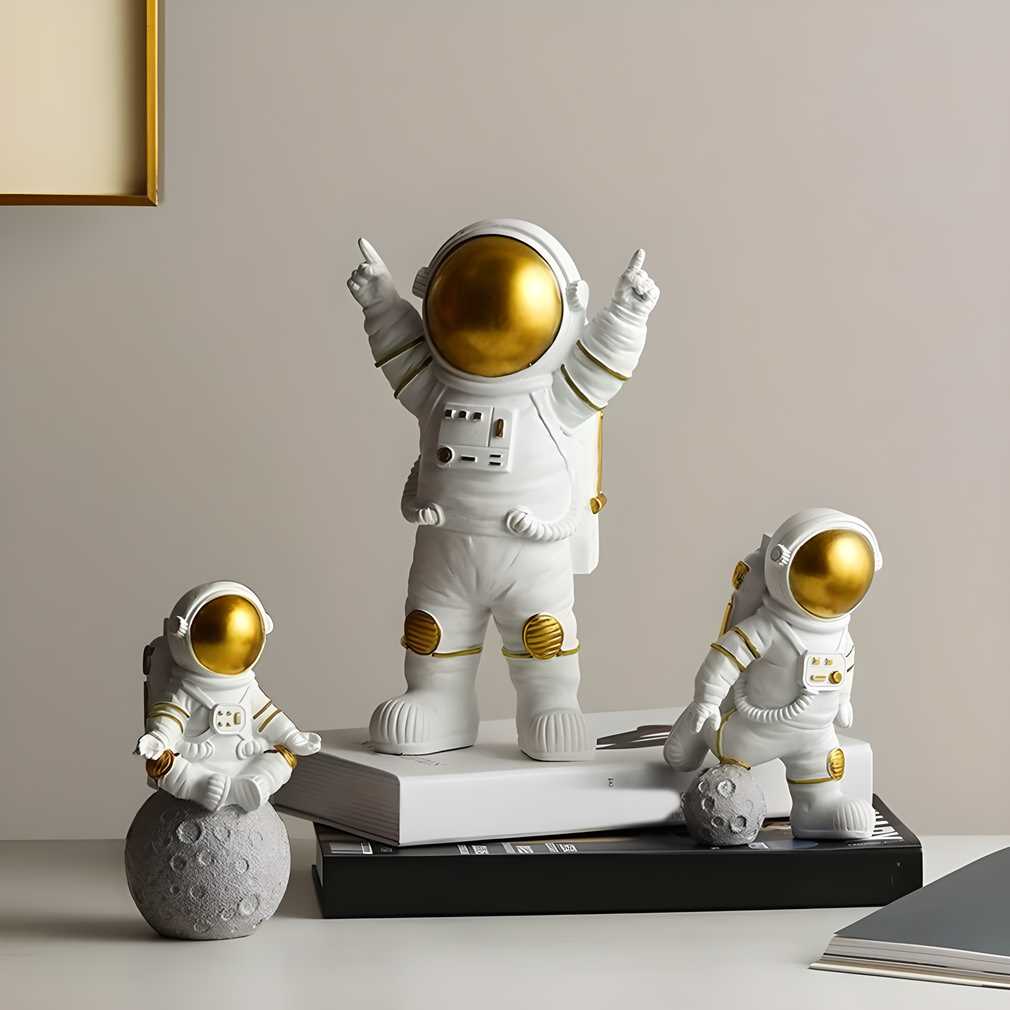 Golden Astronaut Figurine Set (Desktop Décor for Home or Office - Set of 3)